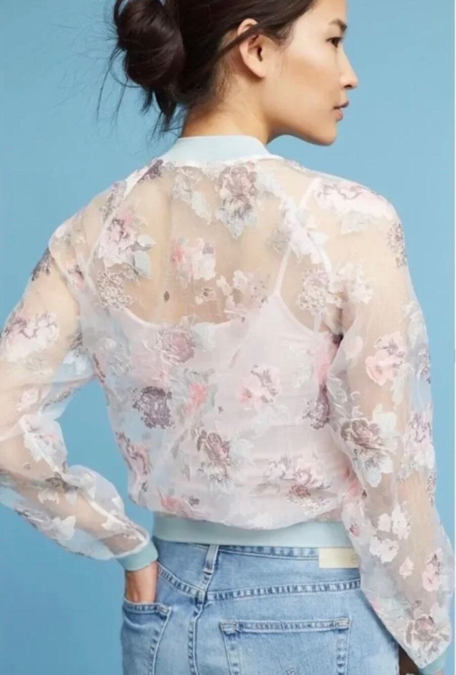 Maeve Anthropologie Sheer Floral Bomber Jacket Size M Pastel Mesh Organza Zip